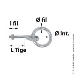Anneau d'écurie à écrou Ø du fil 10 mm , Ø Interieur 50 mm , longeur 90 mm Zingué blanc Torbel 50112