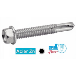 Vis autoperceuse tête hexagonale avec foret long n°4 Acier Zn - Zingué blanc
