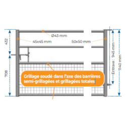 Barrière d'herbage fixe Longueur 5m00 Semi grillagée