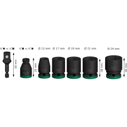 Coffret de 5 douilles Impact Pro M 13,17,19,21,24mm Long.39mm Emmanchement 1/2 , 2 adaptateurs
